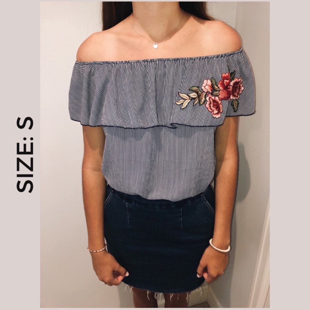 Navy blue and white stripe off the shoulder top